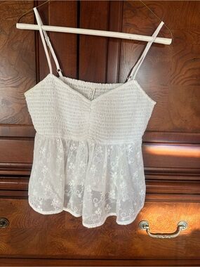 American Eagle Outfitters White Smocked Lace Peplum Cami